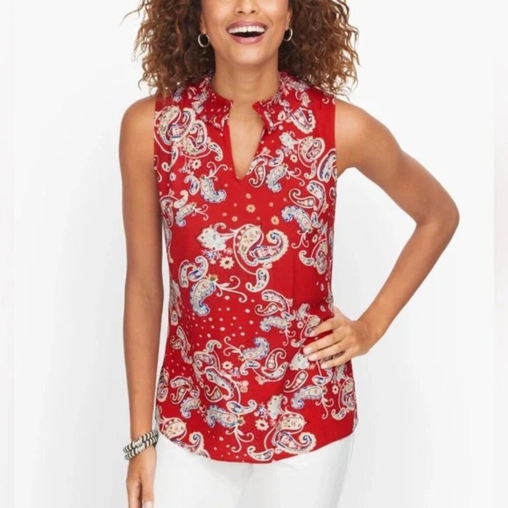 Talbots Petite Red Paisley Split Neck Sleeveless Top Large Petite